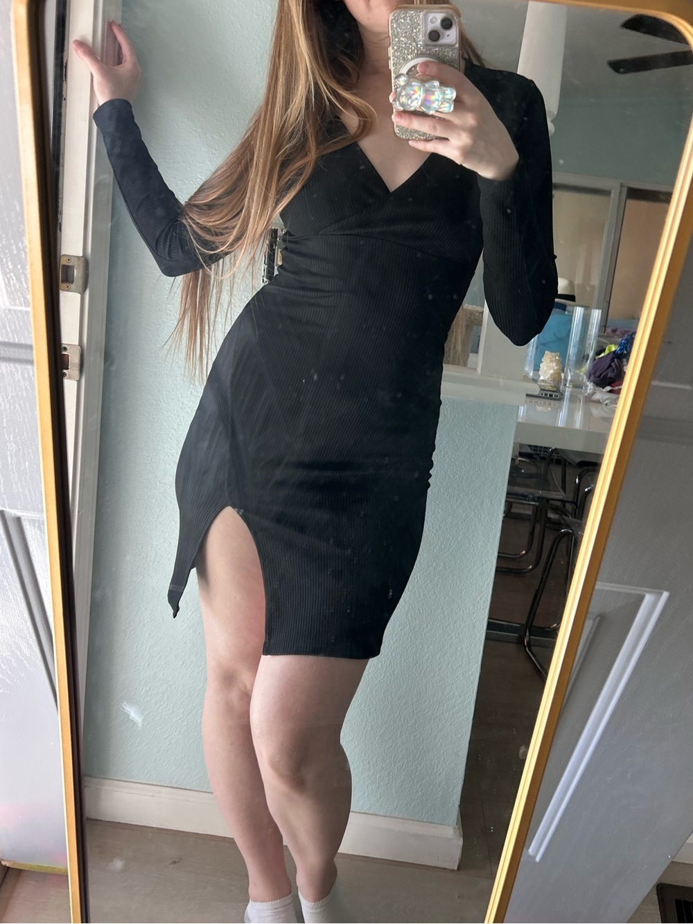 Black Long-Sleeve V-Neck Ribbed Dress with Side Slit